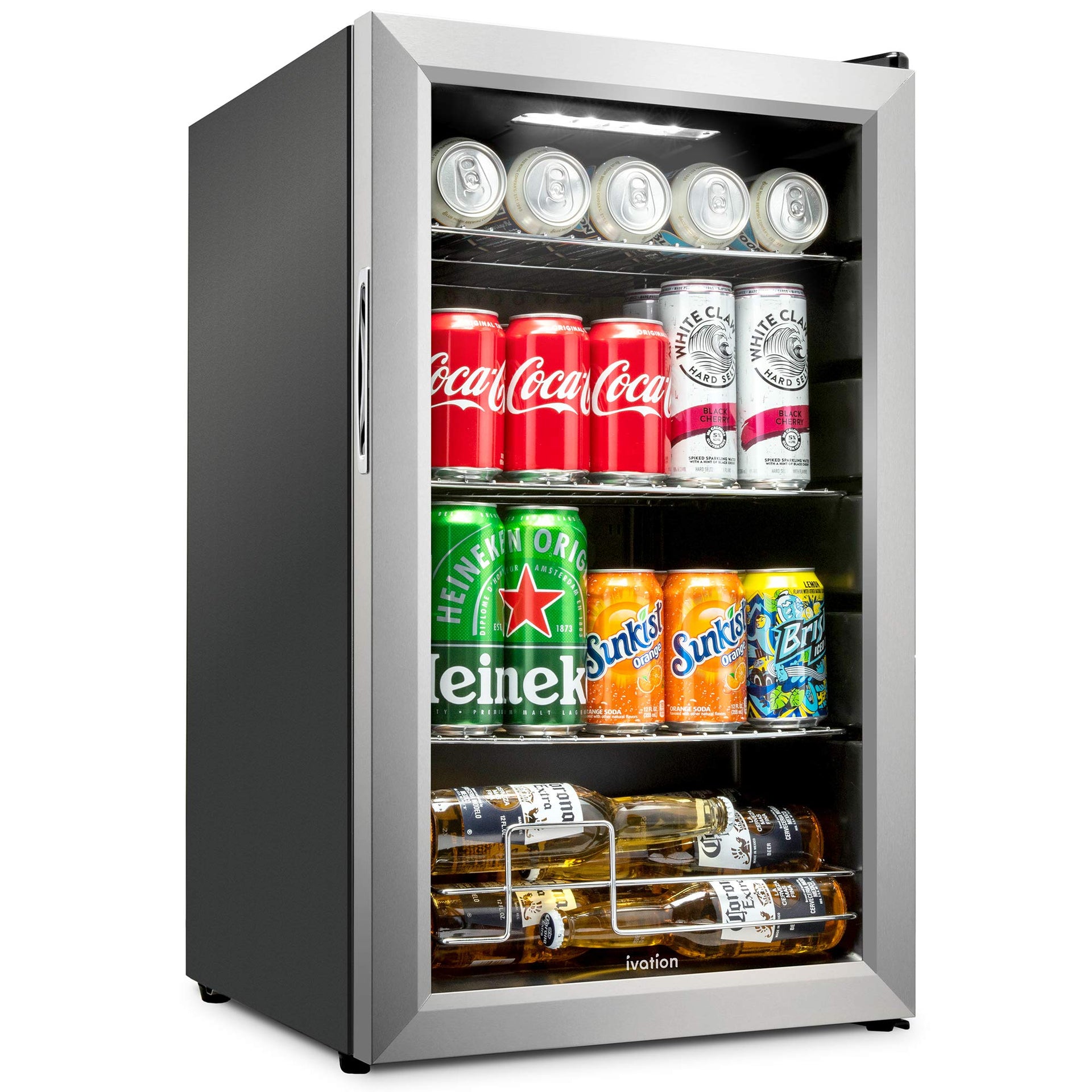 Ivation 101 Can Beverage Refrigerator, Freestanding Mini Fridge with Glass Door - Stainless Steel