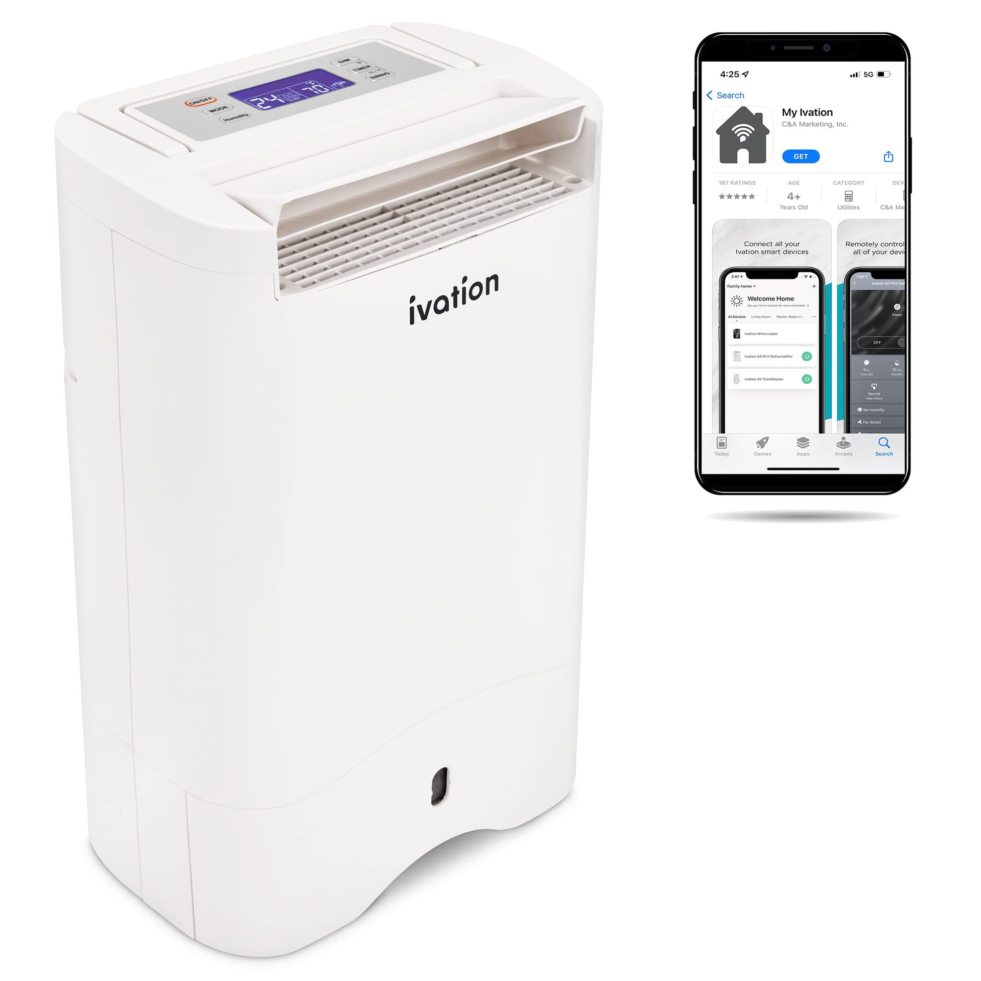 Ivation 19 Pint Smart Dehumidifier, Desiccant Dehumidifier with Drain Hose, Spaces Up to 410 Sq Ft