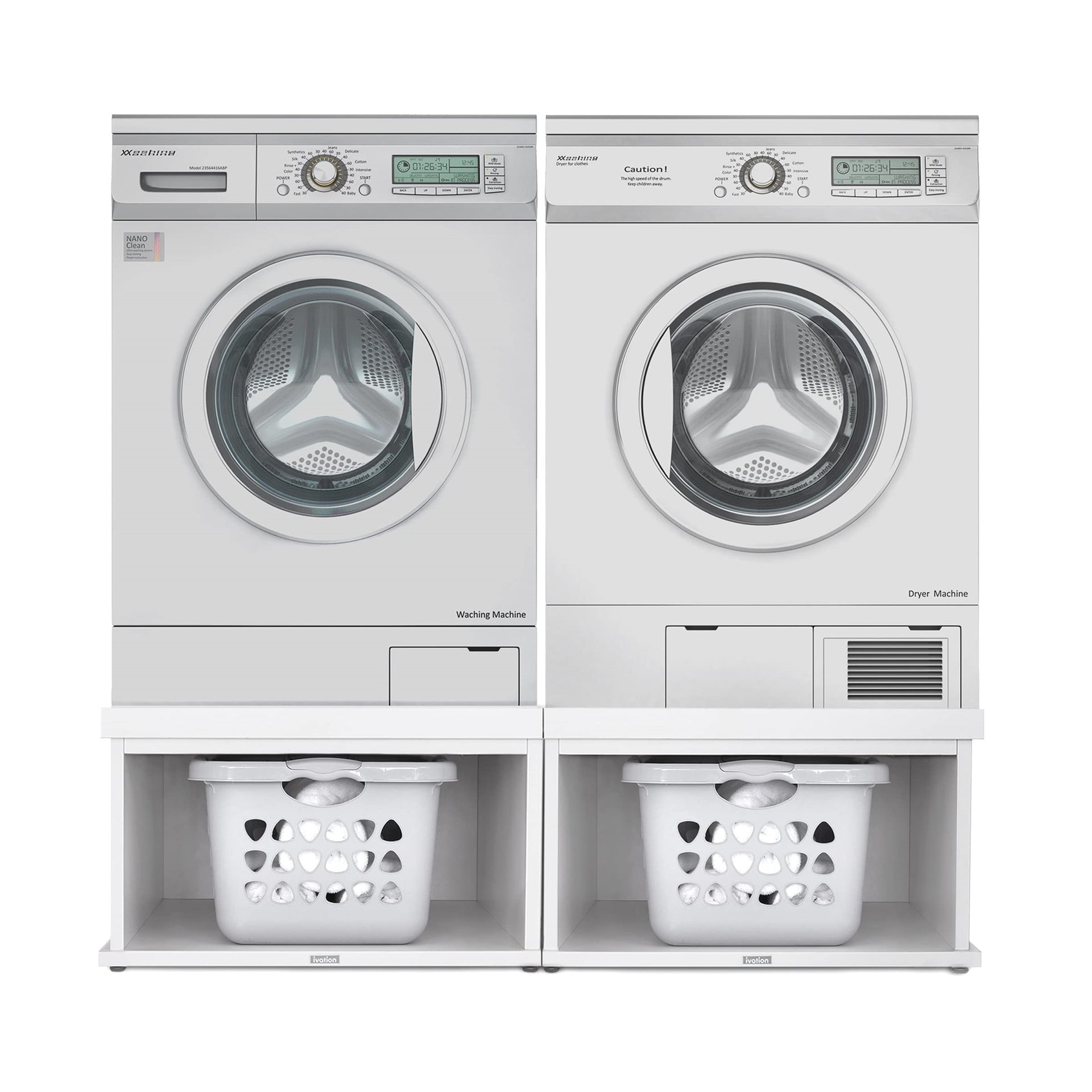 Ivation Wooden Laundry Pedestal (White) for Washer & Dryer, 33.86"x29.92" Universal Fit - 2 Pack