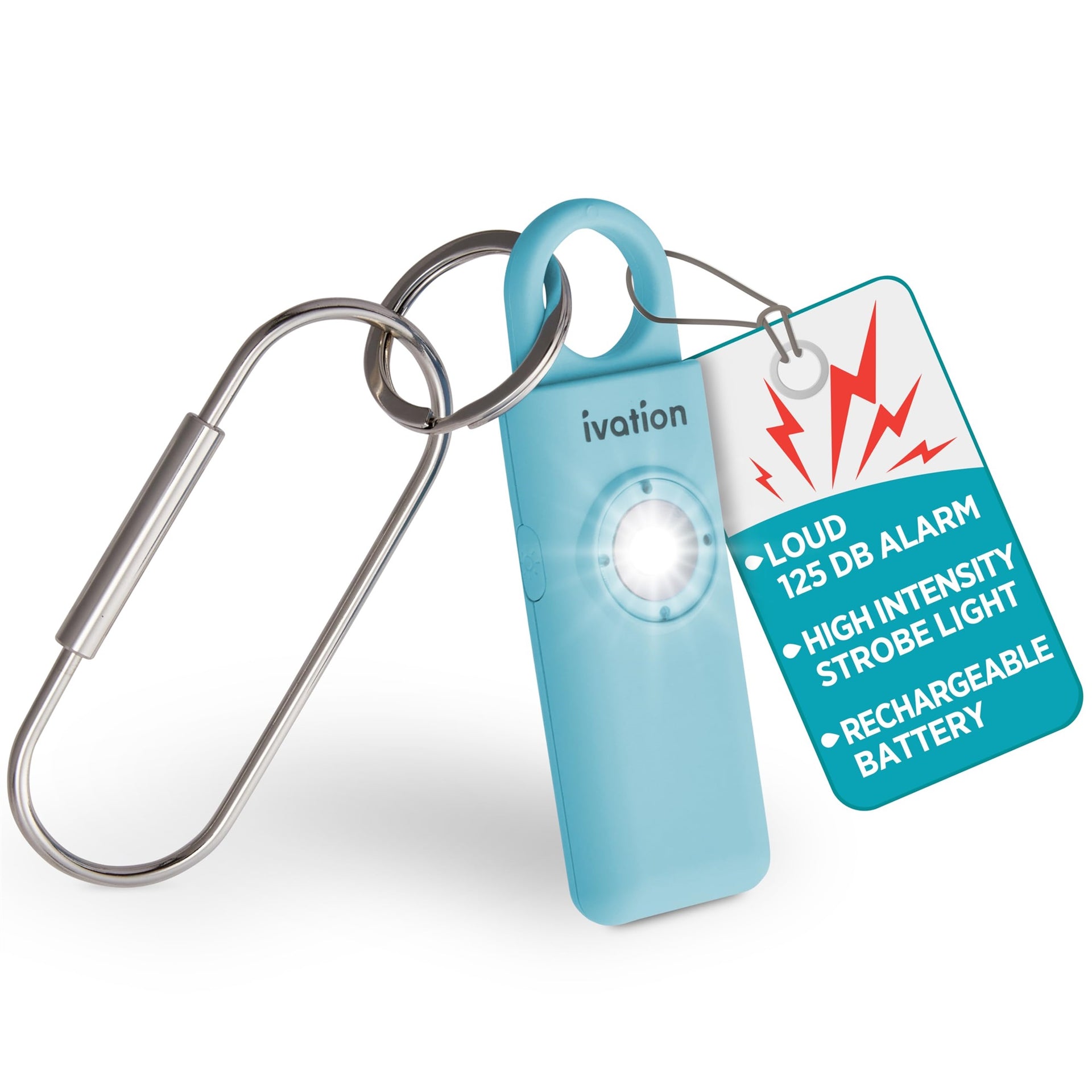 Ivation Personal SOS Keychain Alarm, 130 dB Rechargeable Personal Alarm w/LED Strobe Light - Aqua