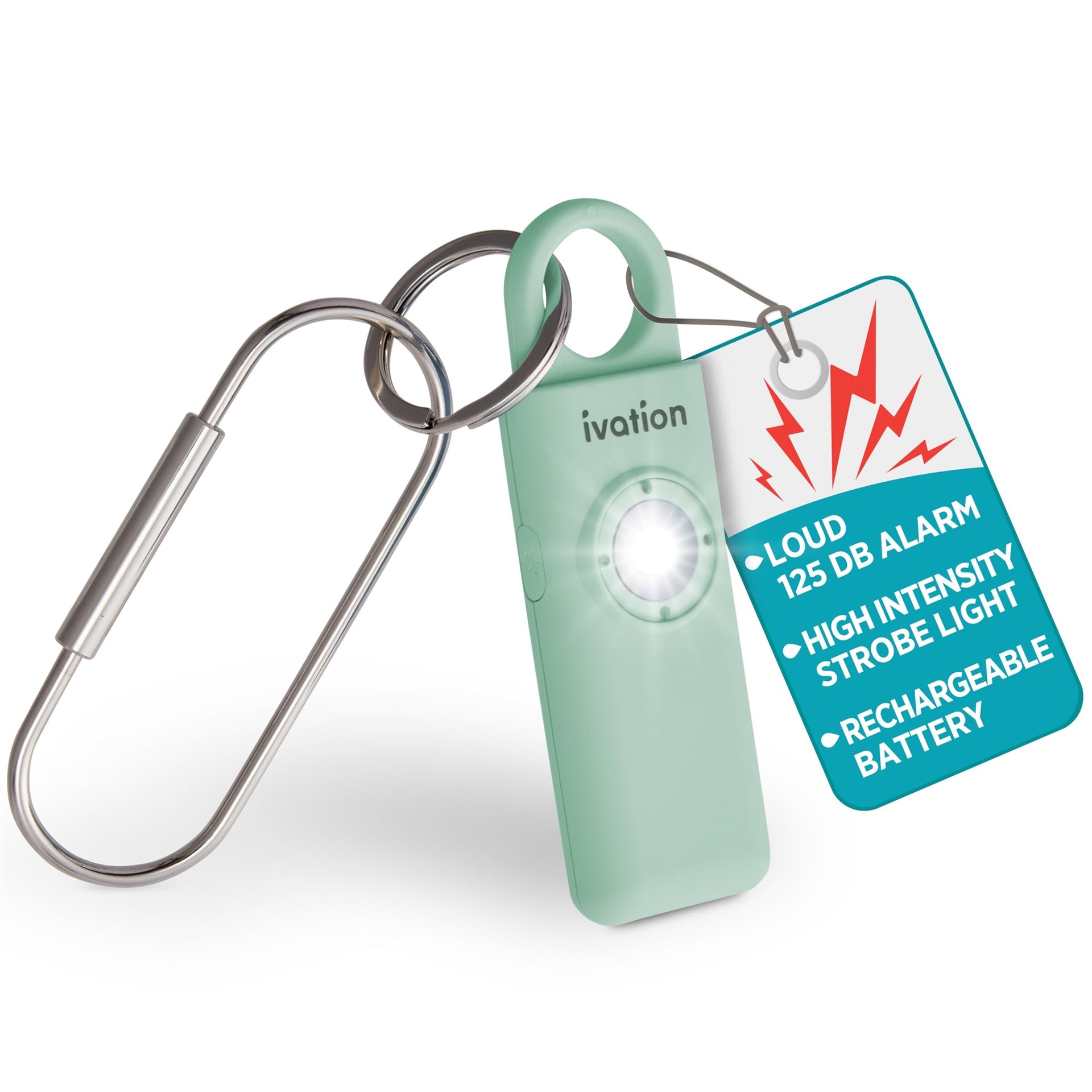 Ivation Personal SOS Keychain Alarm, 130 dB Rechargeable Personal Alarm w/LED Strobe Light - Green