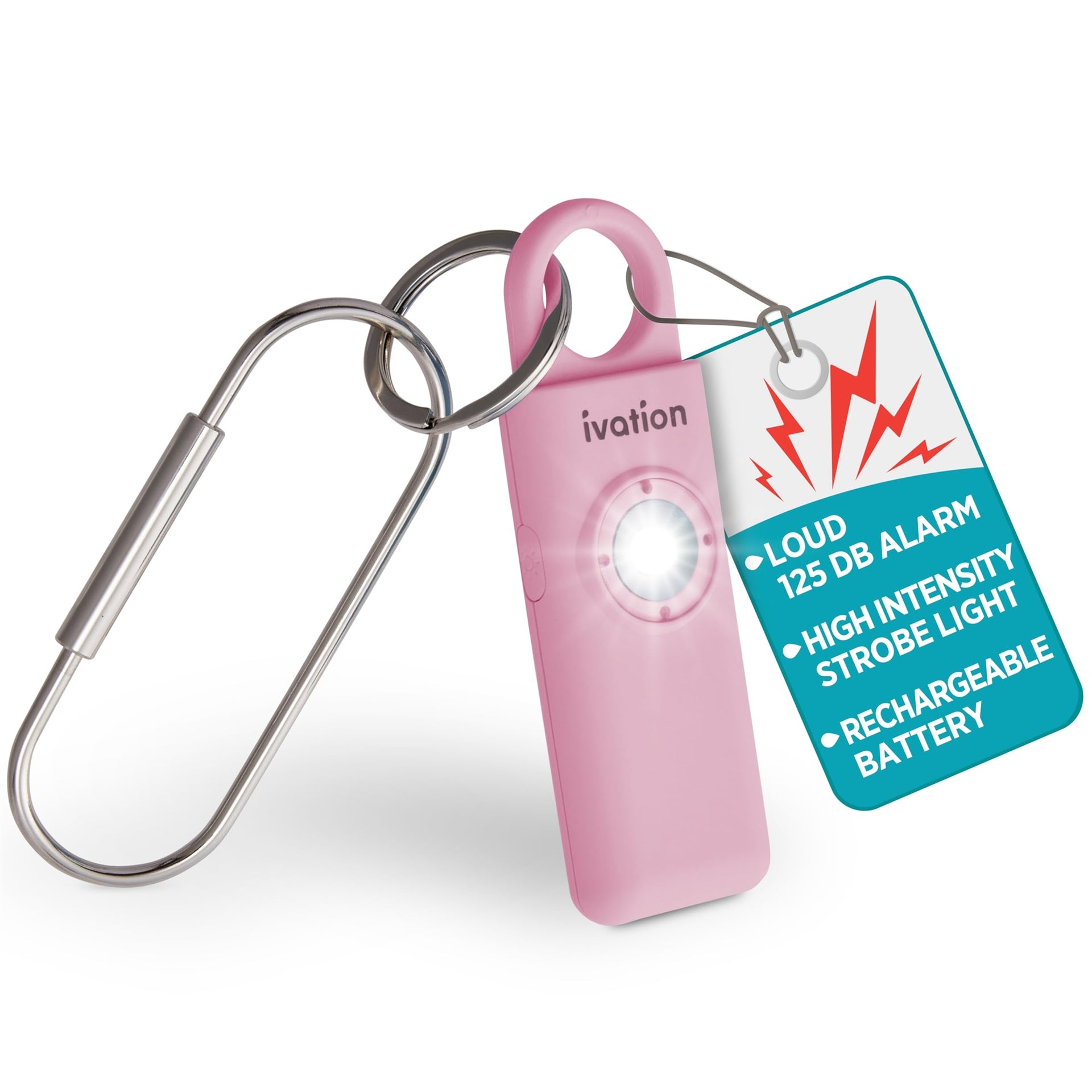 Ivation Personal SOS Keychain Alarm, 130 dB Rechargeable Personal Alarm w/LED Strobe Light - Pink.