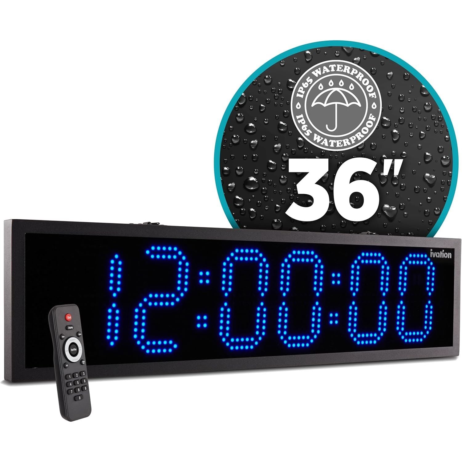 Ivation 36" Waterproof Large Digital Clock, Outdoor Large LED Clock with Stopwatch, Alarms & More! - Blue