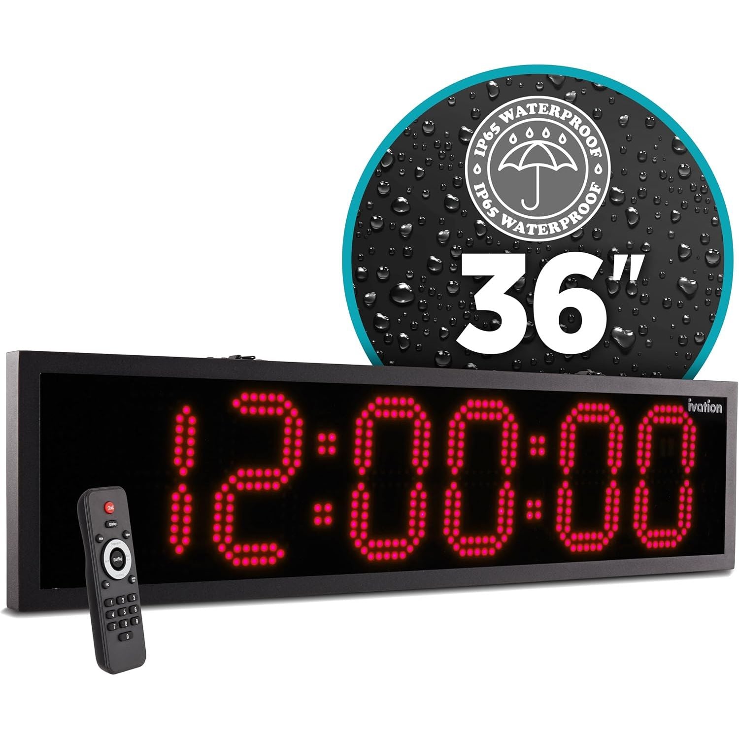 Ivation 36" Waterproof Large Digital Clock, Outdoor Large LED Clock with Stopwatch, Alarms & More! - Red