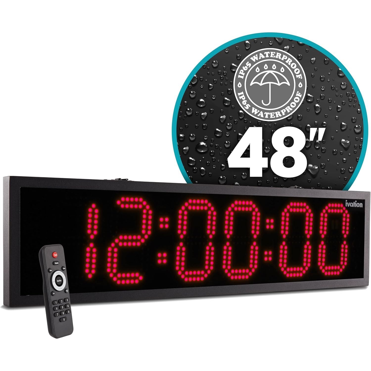 Ivation 48" Waterproof Large Digital Clock, Outdoor Large LED Clock with Stopwatch, Alarms & More! - Red