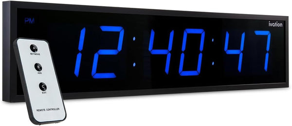 Ivation Oversized Large Digital Wall Clock - Big LED Digital Clock w/Large Display, Shelf or Wall Mount (36 Inch - Blue) 6 Brightness Levels | Time Memory | Remote, Mounting Holes & Hardware