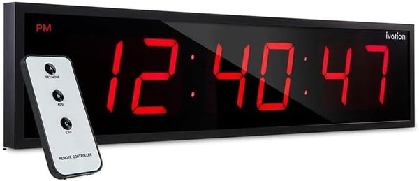 Ivation Oversized Large Digital Wall Clock - Big LED Digital Clock w/Large Display, Shelf or Wall Mount (30 Inch - Red) 6 Brightness Levels | Time Memory | Remote, Mounting Holes & Hardware