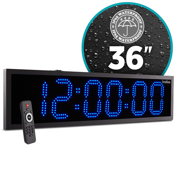 Ivation Huge 36" Inch Large Big Oversized Waterproof Outdoor Digital LED Clock with Stopwatch, Alarms, Countdown Timer & Temp - Wall or Chain Mount (Blue) | 5-Level Brightness