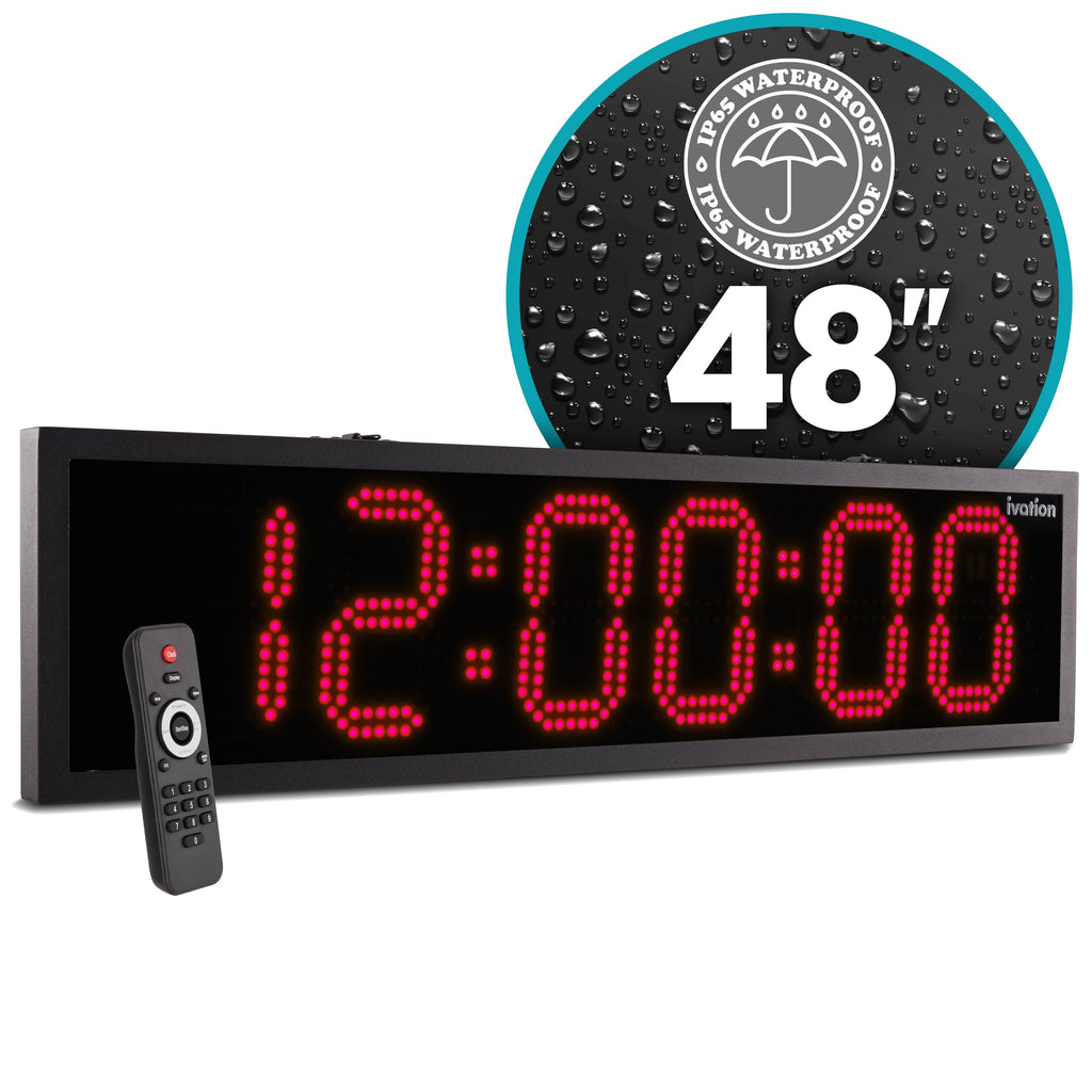 Ivation Huge 48" Waterproof Digital LED Clock w/Auto time sync - Large Outdoor Digital Clock w/Multi Function Display - Stopwatch, Alarms, Timer, Temp & Date - Wall or Chain Mount (Red)