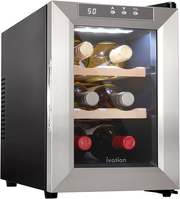Ivation Premium Stainless Steel 6 Bottle Horizontal Thermoelectric Wine Cooler/Chiller Counter Top Red & White Wine Cellar w/Digital Temperature, Freestanding Refrigerator Quiet Operation Fridge