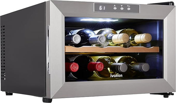 Ivation Premium Stainless Steel 8 Bottle Horizontal Thermoelectric Wine Cooler/Chiller Counter Top Red & White Wine Cellar w/Digital Temperature, Freestanding Refrigerator Quiet Operation Fridge