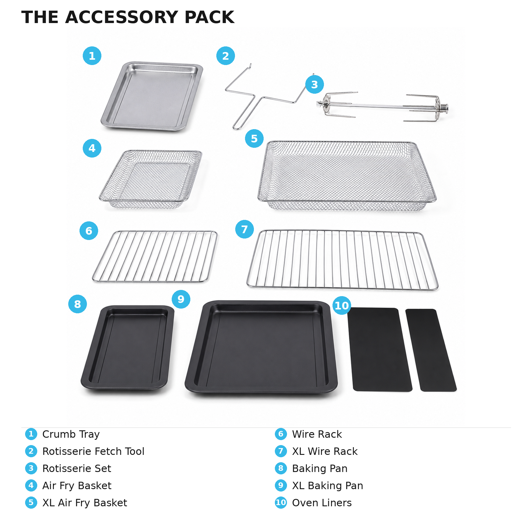 Ivation Dual Zone Air Fryer Oven Accessory Set — 10-Piece Replacement Kit (Baskets, Racks, Baking Pans, Rotisserie & Crumb Tray)