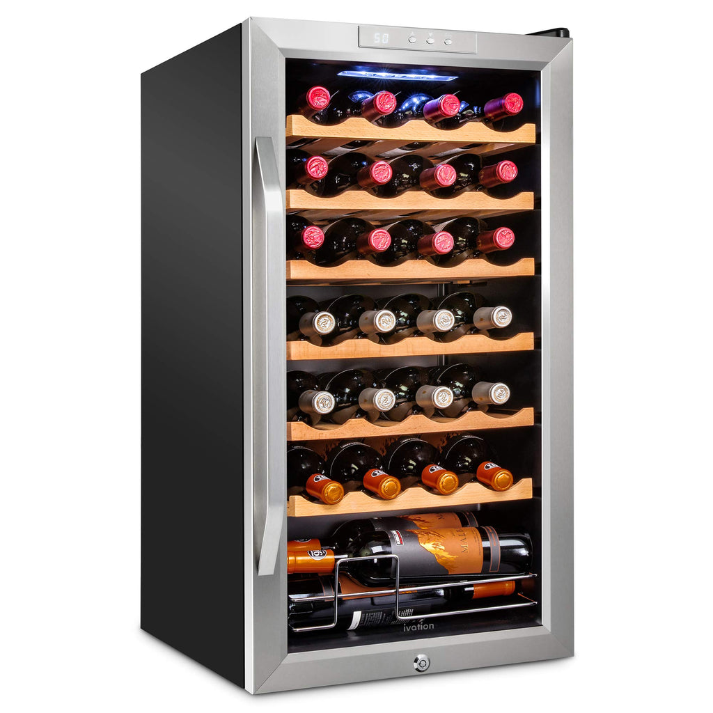 Ivation 28 Bottle Compressor Wine Refrigerator, Freestanding Wine Cooler with Lock, Stainless Steel