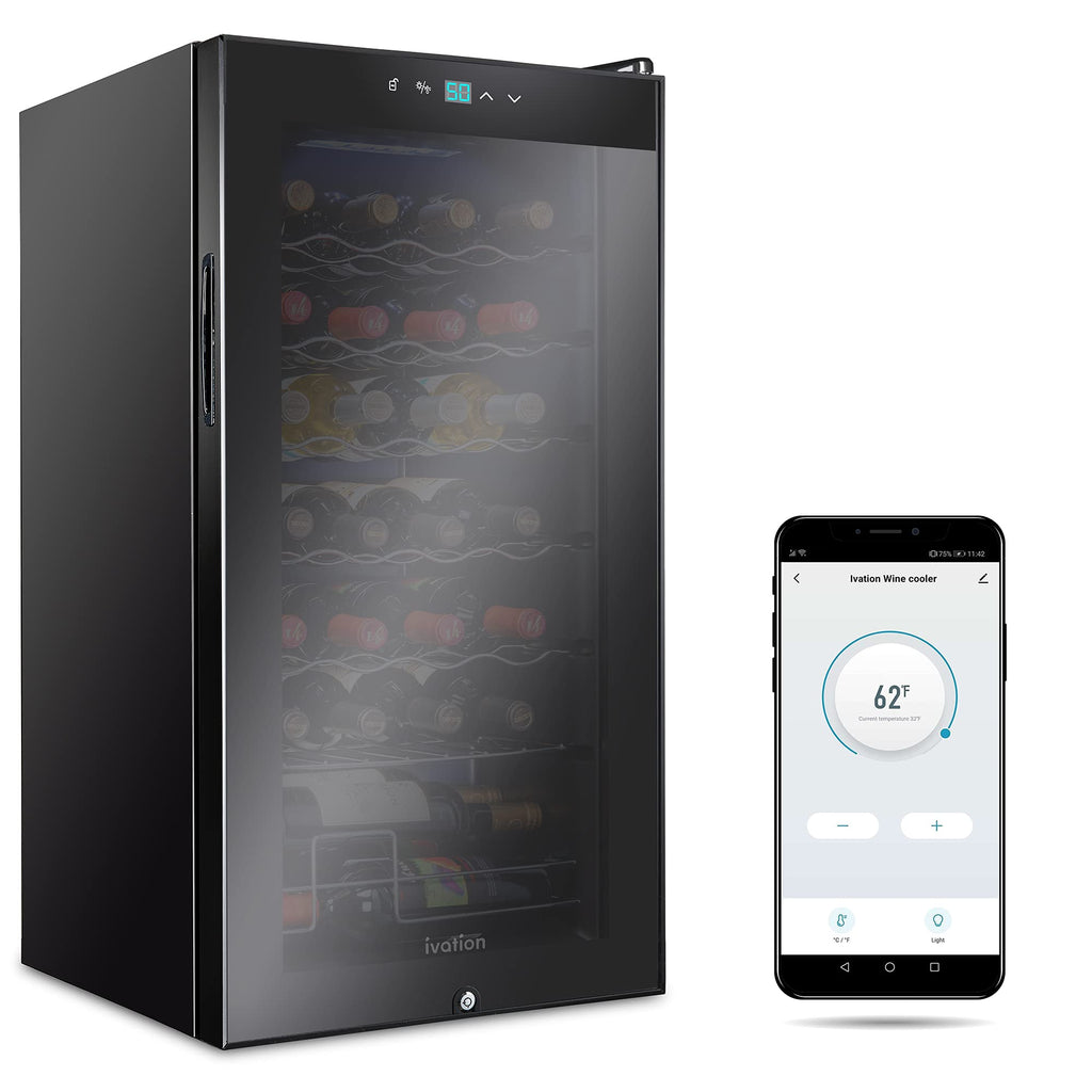 Ivation 28 Bottle Freestanding Wine Refrigerator, Wine Fridge with Wi-Fi Smart App Control, Black