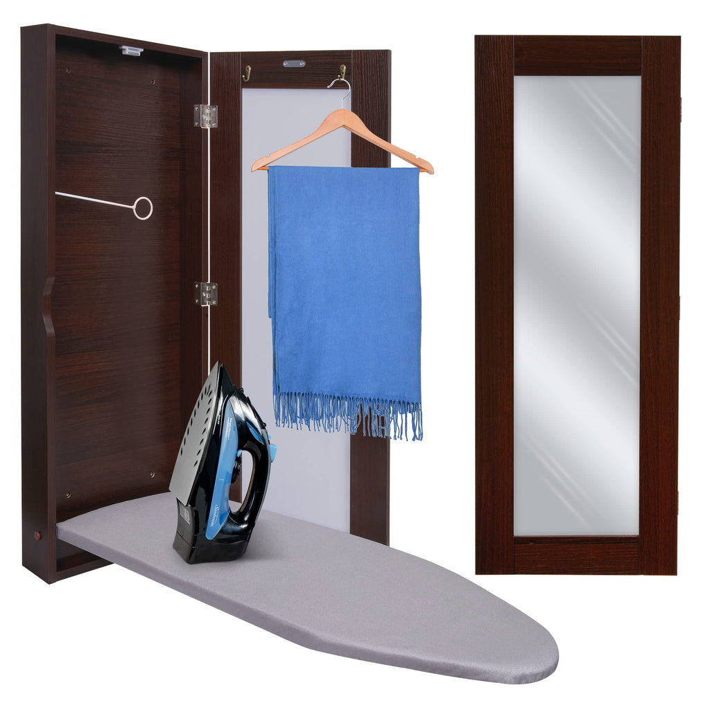 Ivation Ironing Board, Wall Mounted Ironing Board Cabinet with Mirror Door & Release Lever, Brown
