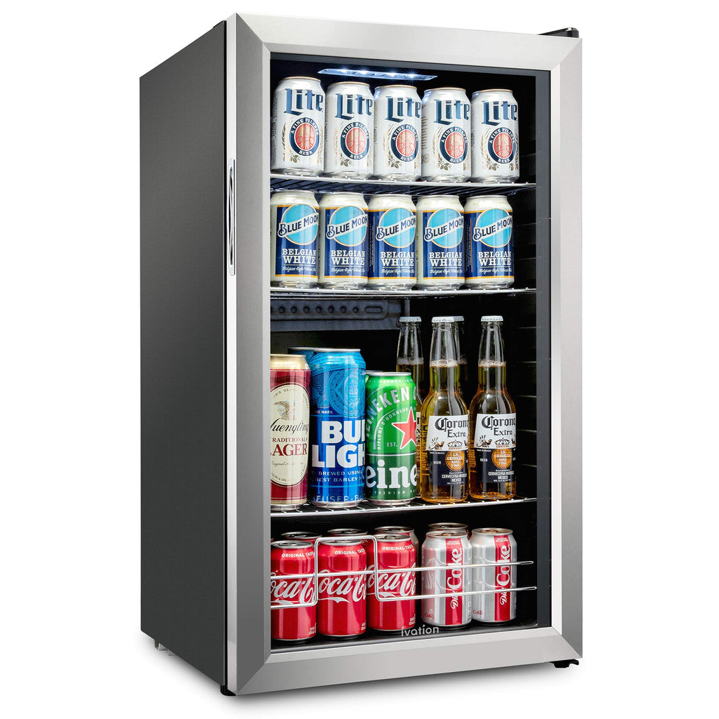 Ivation 126 Can Beverage Refrigerator, Freestanding Mini Fridge with Glass Door - Stainless Steel
