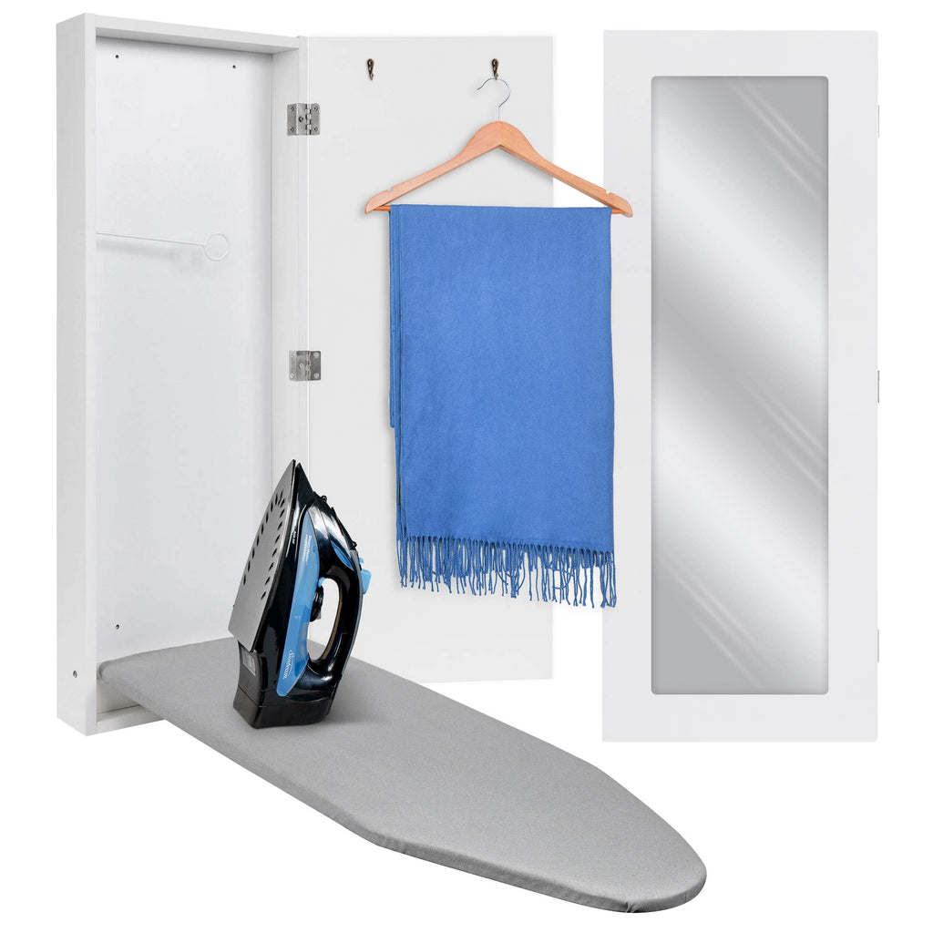 Ivation Ironing Board, Wall Mounted Ironing Board Cabinet W/Right Side Door, Mirror & Lever, White
