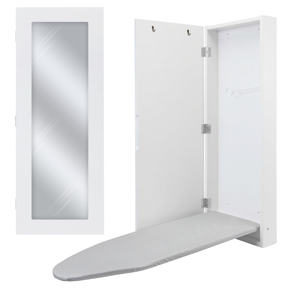 Ivation Ironing Board, Wall Mounted Ironing Board Cabinet W/Left Side Door, Mirror & Lever, White