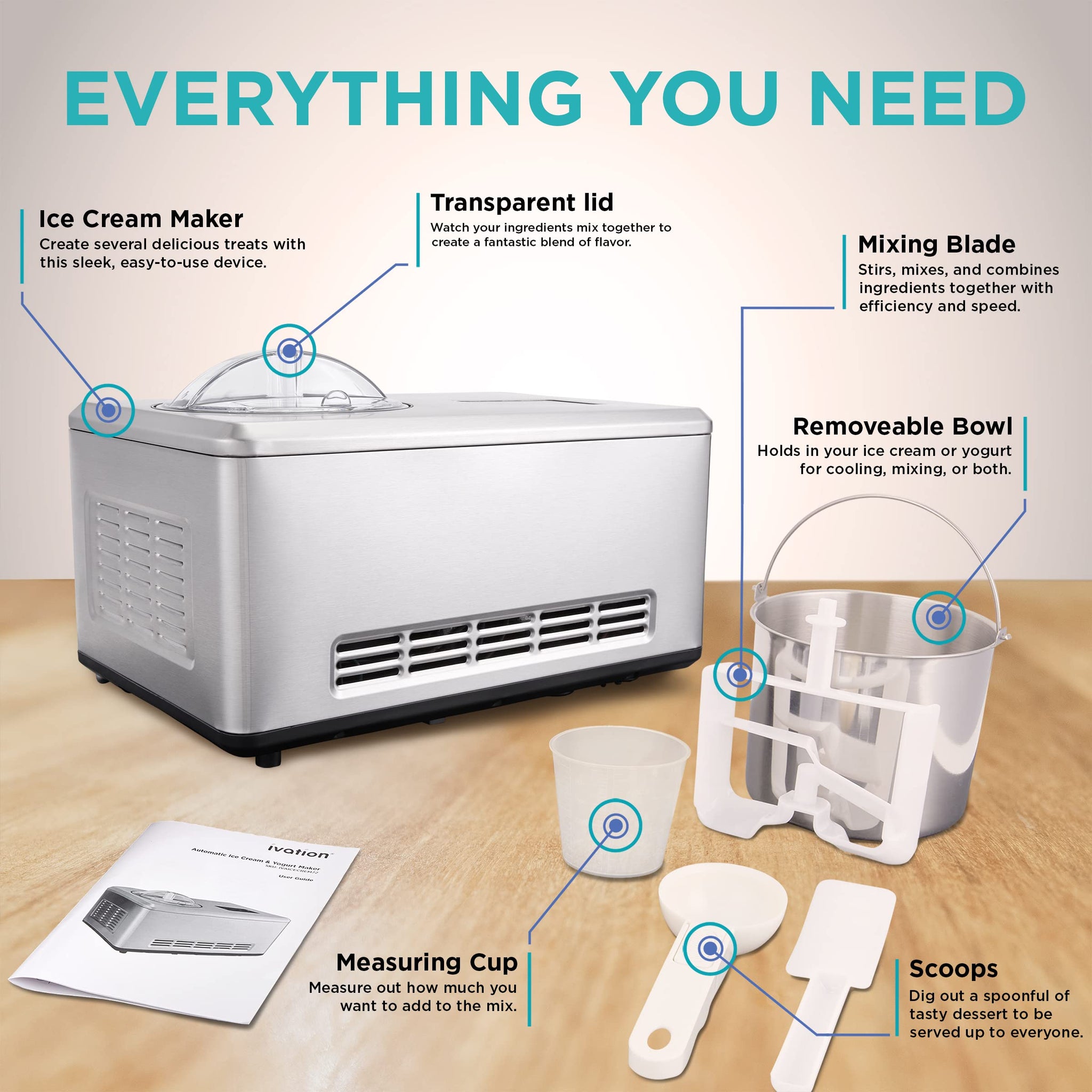 Ivation 2 Qt Automatic Ice Cream Maker Machine & Gelato Maker with Bui