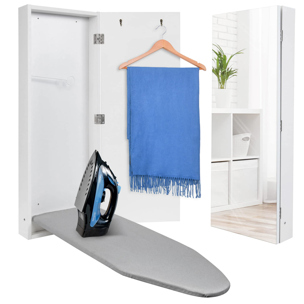 Ivation Ironing Board, Wall Mounted Ironing Board Cabinet with Mirror & Release Lever, White